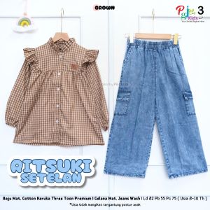 COD Setelan Atasan Lengan Panjang Motif Dan Celana Jeans Anak Perempuan 8-10T Ritsukii Set
