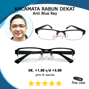 Kacamata Khusus Rabun Dekat Plus Blueray +1.00 s/d +3.00 Untuk PRIA WANITA Bingkai Semi Rimless Half Rim Engsel Per Pegas -ANTIRADIASI - FREE CASE