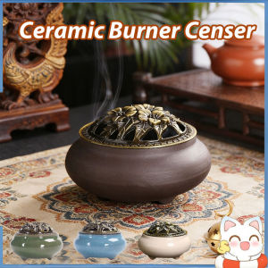 Ceramic Ice Crack Plate Incense Burner Holder Copper Cover Antique Alloy Home Decoration 紫砂陶瓷 香薰炉