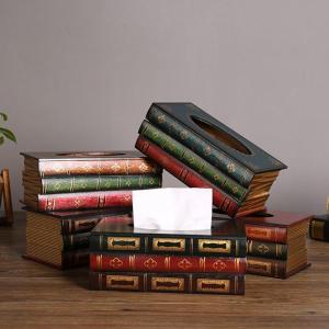 COPOTIYA Office Decoration Antique Novelty Wooden Book Shaped Paper Towel Dispenser Tissue Holder Napkin Box Wipes Storage Case