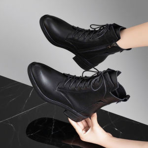 [Free Shipping] New Korean-Style Versatile Soft Leather Women’S Mid-Heel Boots With Fleece Lining Short Ankle Boots
