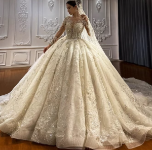 Luxury Ball Gown Wedding Dress Long Sleeve Beaded Illusion Plunge Wedding Gown Embroidered Train Sparkle Princess Ballgown