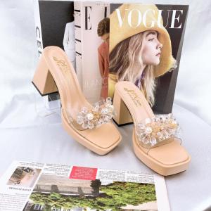 Guốc nữ cao gót đúp vuông 9p quai bản trong kết khóa pha lê - Đ31