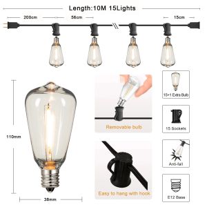 ST38 String Lights Outdoor Garland Connectable Shatterproof Waterproof Plastic LED Bulb Dimmable Patio Garden Decor Fairy Lighst