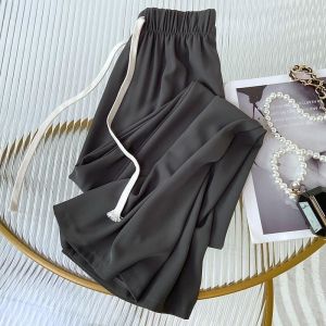 HoneyTopFashion---Women Drawstring High Waist Silk Straight Cut Wide Leg Pants Loose Comfortable ( S-2XL)