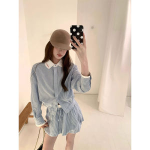 2026 New Early Autumn Women Lapel Shirt Contrast Color Tie Top BudSkirt 2PCS Outfit