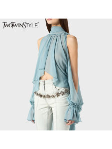 TWOTWINSTYLE Solid Minimalist Slimming Blouses For Women O Neck Off Shoulder Sleeves Temperament Minimalsit Shirts Female New2026