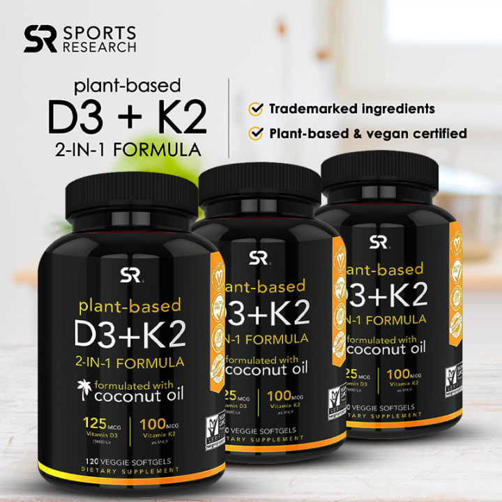 Sports Research Plant Based D3 K2 Sports Research Vitamin D3 + K2 with Coconut MCT Oil - Vegan D3 5000iu