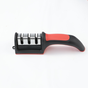 Portable Knife Sharpener for Home Kitchen or Outdoor Camping with Red and Black Handle and Multiple Slots