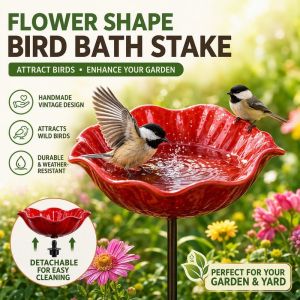 Bird Bath Stake Metal Flower Shape Detachable Bowl Vintage Garden Lawn Yard Outdoor Bird Feeder