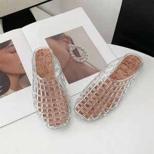 Free Shipping Transparent Crystal Flat Sandals WomenS Slip-On Mules New Style With Hollowed-Out Fishnet Design Jelly Sandals And Outdoor Wear