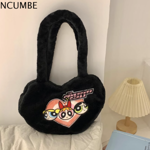 NCUMBE สาว Powerpuff กระเป๋าสะพายไหล่เดียวผ้ากำมะหยี่ รักหัวใจ การ์ตูนลายการ์ตูน กระเป๋าโท้ท น่ารักน่ารักๆ สไตล์ญี่ปุ่นแบบ กระเป๋าถือที่น่ารัก สำหรับผู้หญิง
