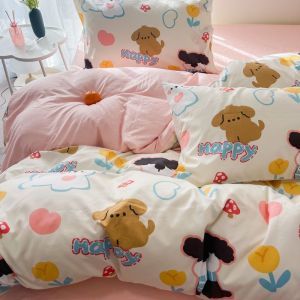 Simple Solid Color Brushed Cotton Bed Sheet Four-Piece Set Duvet Cover Spring Summer Single Double Student Dormitory Universal Bed Three-Piece Set LZD