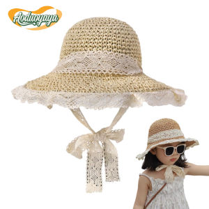 AODUOYAYA Girls Summer Straw Fisherman Hat Lace Bow UV Protection Sun Hat for Kids Beach Outdoor