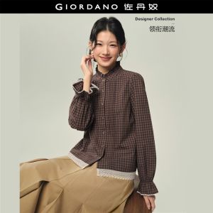 Giordano Women Ruffle collar lace trim long sleeve plaid shirt Free Shipping 18346626