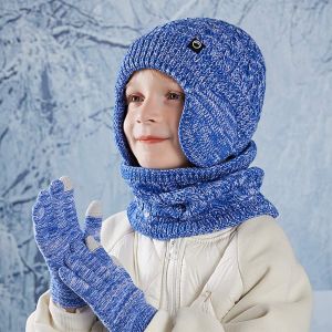 MARRIITT Fleece Lined Childrens Hat Neck Scarf Gloves Set Warm Winter Kids Earflap Beanies 4-10Y Thick Knit Ski Hat for Boys and Girls