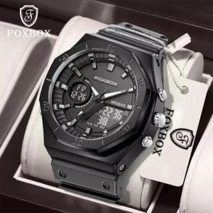 LIGE Đồng Hồ Nam Cao Cấp FOXBOX Đồng Hồ Thạch Anh Vàng Thời Trang Thể Thao Lớn Chính Hãng Đồng Hồ Hiển Thị Kép Chống Nước 50M Cho Nam + Hộp