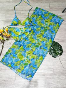 Bikini đồ bơi nữ đi biển set 3 chi tiết áo ngực kèm mút mỏng quần chip kèm khăn voan họa tiết chất liệu thun lạnh BINSPORTS BHV213