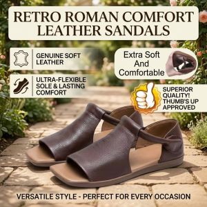Vintage Pure Handmade Flat Cowhide Roman Womens Shoes Fish Mouth Sandals Casual Sandals