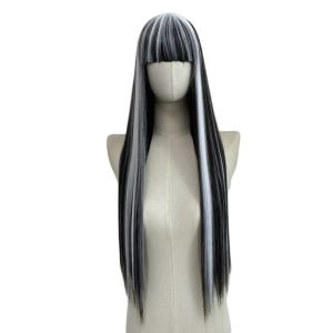 GONGL Gorgeous Black And White Highlight Wig Heat-Resistant with Bangs Classic Gothic Cosplay Wig Fashionable Synthetic Hair Long Straight Hairpiece for Women