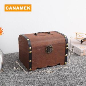 【CANAMEK】 1 Set Vintage Treasure Storage Box Wooden Treasure Chest With Lock Piggy Bank Organizer Saving Box Case For Home Decoration