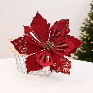 BLISSFUL Realistic Velvet Artificial Poinsettia Handmade Flocking Christmas Tree Flower Picks Flower Accessory Glitter Powder Glitter Christmas Flower Stem Christmas Party