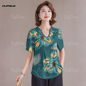Ladies Office Wear Breathable Cotton Linen Blouses Women Tops Lantern Short Sleeve T Shirt Floral Pattern Pullover V Neck T Shirt Women