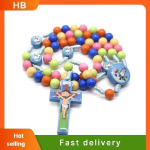 HB Cartoon Cross Pendant Necklace Kid Rosary Beads Catholic Religious Jewelry