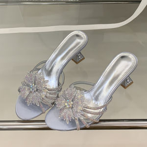Liyke 2025 New Gold Silver Crystal Gem Strange Low Heels Slippers Women Rhinestone Flowers Summer Party Prom Shoes Mules Sandals