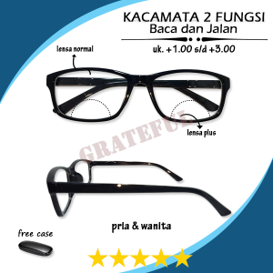 Kacamata 2 fungsi lensa atas normal dan bawah plus tersedia ukuran +1.00 sampai +3.00 frame kotak warna hitam gaya sporty casual simple untuk pria wanita - FREE CASE