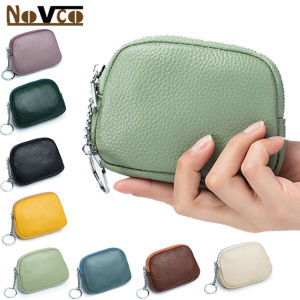 Novco กระเป๋าใส่เหรียญหนังวัวสำหรับผู้หญิงกระเป๋าสตางค์ทรงสลิมมีซิปกระเป๋าใส่บัตรพร้อมพวงกุญแจกระเป๋าใส่เงินแบบบางกระเป๋าใส่เหรียญหนังวัวนิ่มสำหรับผู้หญิง
