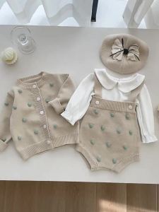 Korean-style baby princess infant knitted cardigan autumn pom-pom coat little girls romper with suspenders set