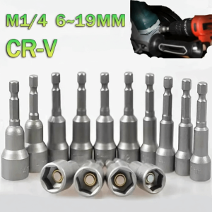 SQMETR Đầu lục giác 1/4 inch Bộ đầu khẩu tác động Phạm vi 6-19mm Đầu từ tính Bộ chuyển đổi mũi khoan điện Bền bỉ Công cụ vặn bu lông Bộ cờ lê lục giác Sử dụng trong xưởng cơ khí