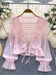 SINGREINY Women Sweet Chiffon Blouse Edible Tree Fungus Flare Sleeves Lace Up Design Tops Summer Gentle Beach Sun-proof Shirts2026