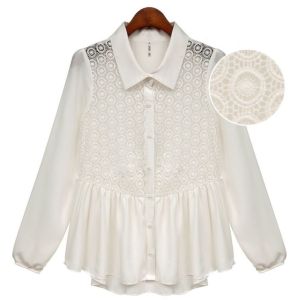 Korea Woman Summer Lace Panel Collat Button Long Sleeve Blouse