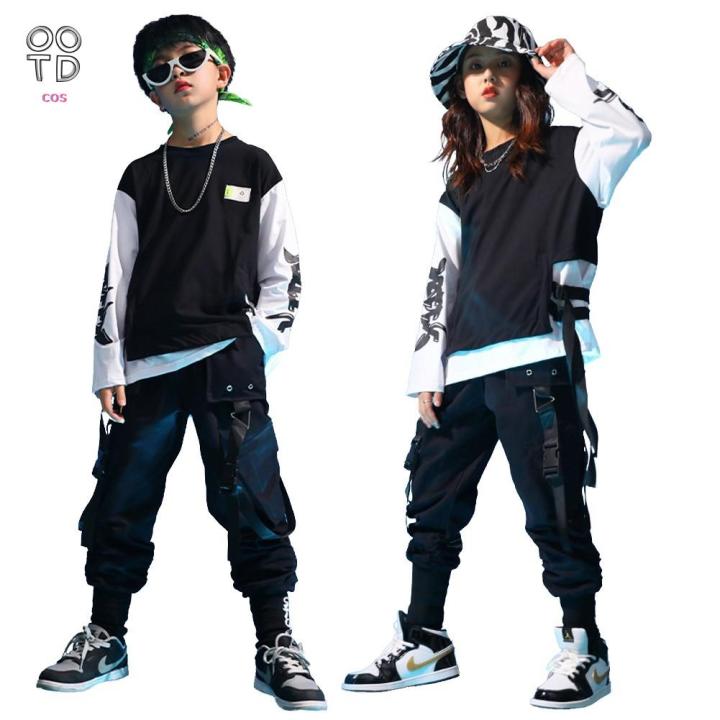 Kids Cool Black Hip Hop Cargo Pants For Girls Boys Dance Costume