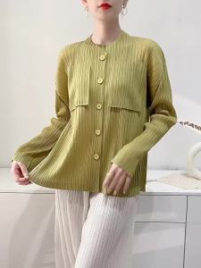 S-832# One Size (45-75kg) Autumn Pleated Shirt Women Comfort And Casual Slim Fit Shirt Long Sleeve Stand Collar Bellows Pocket Cardigan