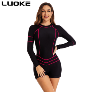 Luoke Womens One-piece Long Sleeve Boxer Swimsuit Womens Solid Color Swimsuit with Zipper and Chest Pad