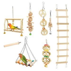 OUTOPEN 8Pcs Set Bell Perch Parrot Toy Set Wood Hanging Hammock Combination Bird Toys Nibbling Play Swing Parrot Training Toys Bird Cage Decoration