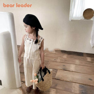 Bear Leader Girls Clothing Suits Fashion Flower Embroidered Sleeveless Cotton Vest Wide-leg Pants 2Pcs Sets Outifts Summer Childrens Clothes