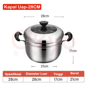 Omicko Panci kukusan tutup kaca ukuran besar Panci Kukus 2 Susun Panci Kukus Stainless Steel Dandang Panci Steamer