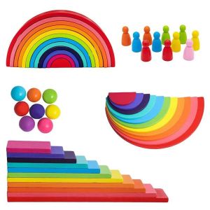 52pcs/Set Wooden Rainbow Stacking Block Rainbow Stacked Balance Montessori Toy