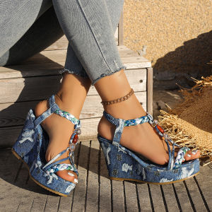 [Free Shipping] Plus-Size Wedge-Heeled Denim Beaded Sandals New Fashionable And Comfortable High-Heeled Sandals For Women