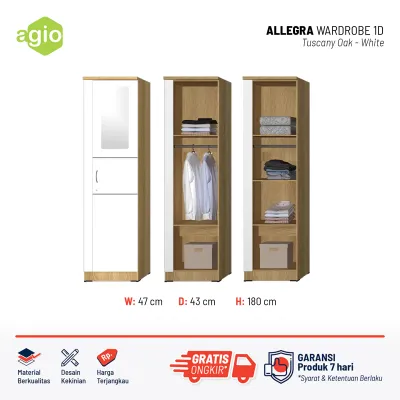 Oggi - Lemari Pakaian 3 Pintu Aesthetic / Lemari Baju Keluarga / Lemari Kayu 3 Pintu / Lemari Dengan Gantungan Baju Untuk Kamar / Wardrobe Baju / Agio Allegra Wardrobe 3DM