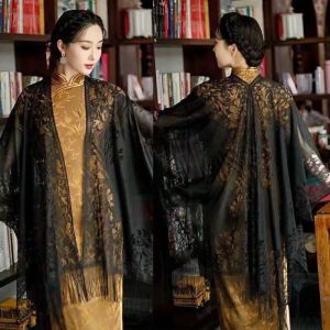JUSTODO Long Cloak Lace Cardigan Pure Color Thin Cotton Linen Lace Shawl Silk Neckwear Lightweight Drapey Wedding Shawl Spring Summer