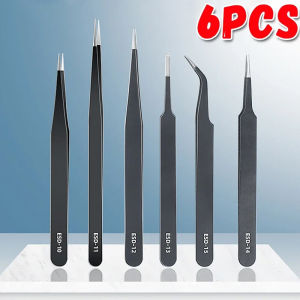 6Pcs ESD Anti-static Stainless Steel Bent Straight Head Tweezers Precision Circuit Board Repair Pliers Suitable for Car Electrical Connection Wire Cutting Repair Accessories