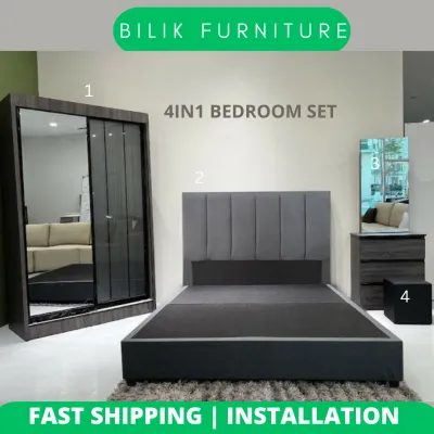 Bilik Furniture-Bedroom set 4in1/ Bedframe + Wardrobe (4 x 6ft) + Dressing Table + Stool