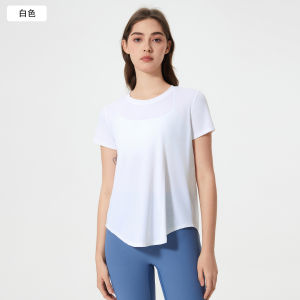 alo yoga แขนสั้นฤดูใบไม้ผลิฤดูร้อนยุโรปและอเมริกา T แฟชั่นผู้หญิง เสื้อวิ่งคอกลมแบบสบาย ระบายอากาศได้ดี