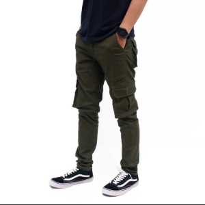 Celana Cargo Pria Slim Fit Full Length Warna Solid Gaya Rapi
