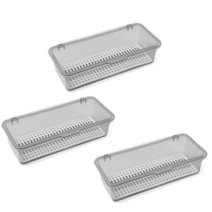 3Pcs Kitchen Tableware Drain Basket Transparent Storage Tray Holder for Cutlery Dust-proof Organizer Box with Cover  Tea Coffee Makeup Tools Storage Box Multi-purpose Drain Box